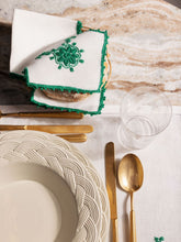 House of Capricorn Hand-Embroidered Teresa White Linen with Green Crochet Bread Basket Cloth