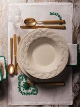 House of Capricorn Hand-Embroidered Teresa White Linen with Green Embroidery Placemat