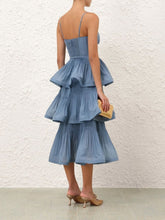 Zimmermann Deep Blue Pleated Tiered Midi Dress