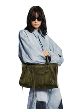 Balenciaga Khaki Green Le City Bag Medium in Suede Calfskin
