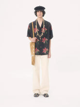 Valentino Garavani Black Linen Bowling Shirt with Red Papier Floral Print