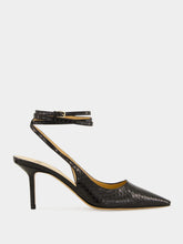 Francesco Russo Black Ankle-Strap Watersnake Leather Slingback Pumps