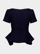 Roland Mouret Navy Bouclé Asymmetrical Twist Peplum Top