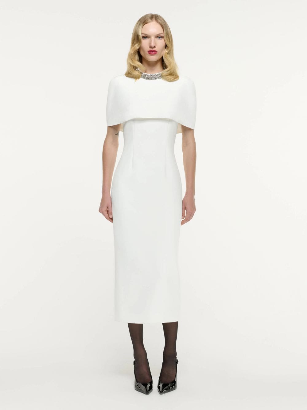 white cape dress midi Roland Mouret White Cape Embellished Crepe Midi Dress