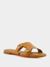 Santoni Light Brown Leather Double-Buckle Slide Sandal