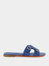 Santoni Double-Buckle Blue Leather Slides