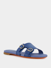 Santoni Double-Buckle Blue Leather Slides