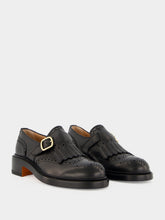 Santoni Black Leather Fringe Monk Strap Shoes