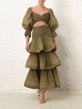 Zimmermann Olive Pleated Tiered Midi Skirt