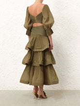 Zimmermann Olive Pleated Tiered Midi Skirt