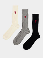 Ami Paris Pack of 3 Logo-Embroidered Ribbed-Knit Socks