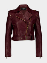 Balmain Burgundy Leather Cropped Biker Jacket