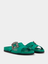 Manolo Blahnik Chilanghi Black Satin Jewel Buckle Flat Mules