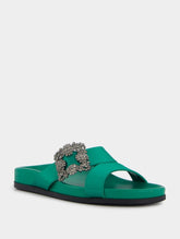 Manolo Blahnik Chilanghi Black Satin Jewel Buckle Flat Mules