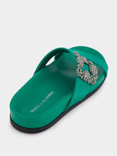 Manolo Blahnik Chilanghi Black Satin Jewel Buckle Flat Mules