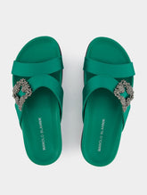 Manolo Blahnik Chilanghi Black Satin Jewel Buckle Flat Mules