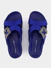 Manolo Blahnik Chilanghi Blue Satin Flat Sandals