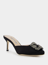 Manolo BlahnikHangisimu Black Satin Jewel Mules at Fashion Clinic