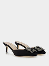 Manolo Blahnik Hangisimu Black Satin Jewel Mules