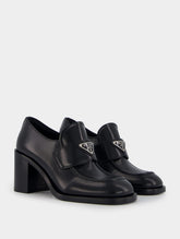 Prada Brushed Leather High Block Heel Loafers