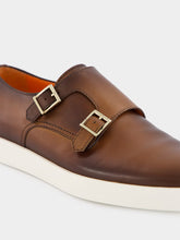 Santoni Brown Tumbled Leather Double-Buckle Shoe
