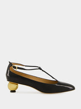 Ferragamo Black T-Strap Pumps with Gold Heel