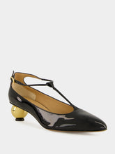 Ferragamo Black T-Strap Pumps with Gold Heel