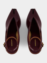 Ferragamo Plum Patent Peep Toe Wedge Sandals