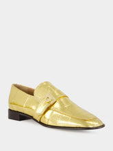 Ferragamo Gold Laminated Loafers with Hug Buckle