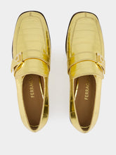 Ferragamo Gold Laminated Loafers with Hug Buckle