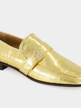 Ferragamo Gold Laminated Loafers with Hug Buckle