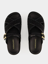 Ferragamo Black Gancini Buckle Crossover Slides