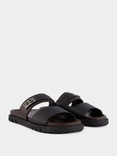 Ferragamo Black Double Strap Leather Sandals with Hug Buckle