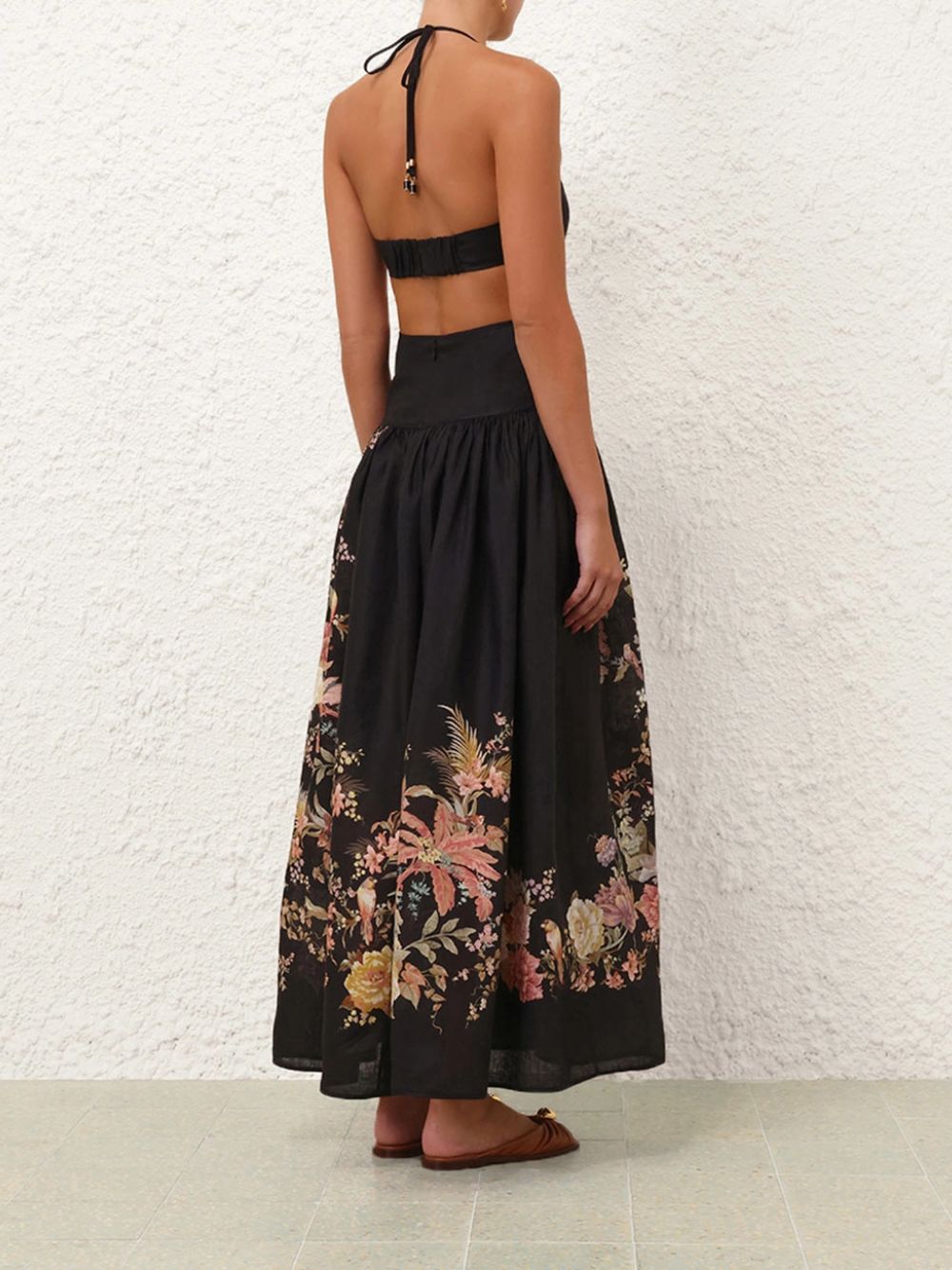 Black Floral Tallow Halter Midi Dress