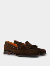 Santoni Dark Brown Suede and Leather Tassel Loafers