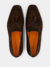 Santoni Dark Brown Suede and Leather Tassel Loafers