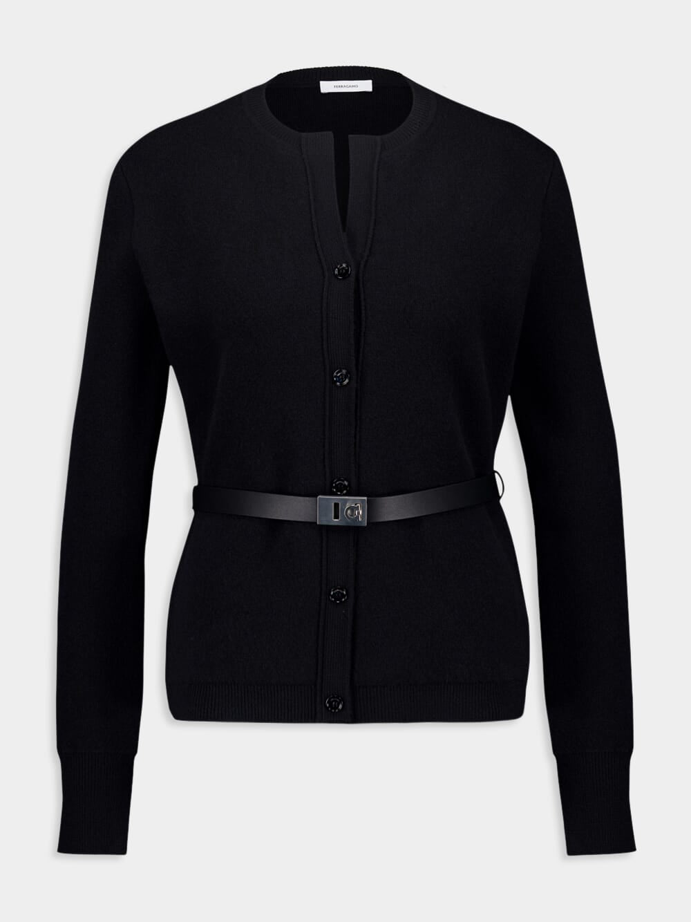 Black Wool Cardigan with Leather Belt