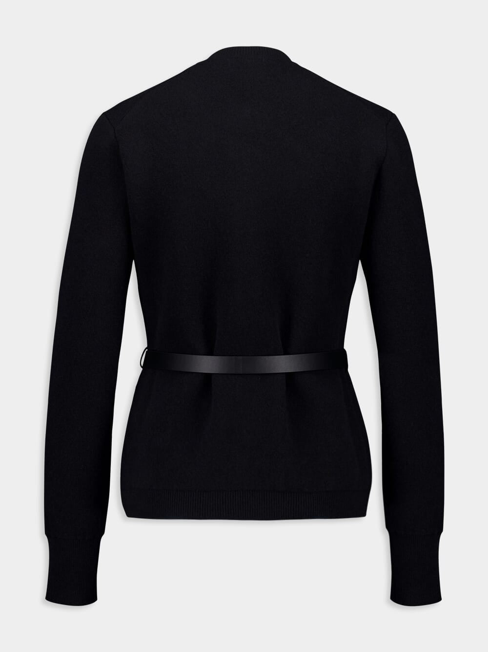 Black Wool Cardigan with Leather Belt