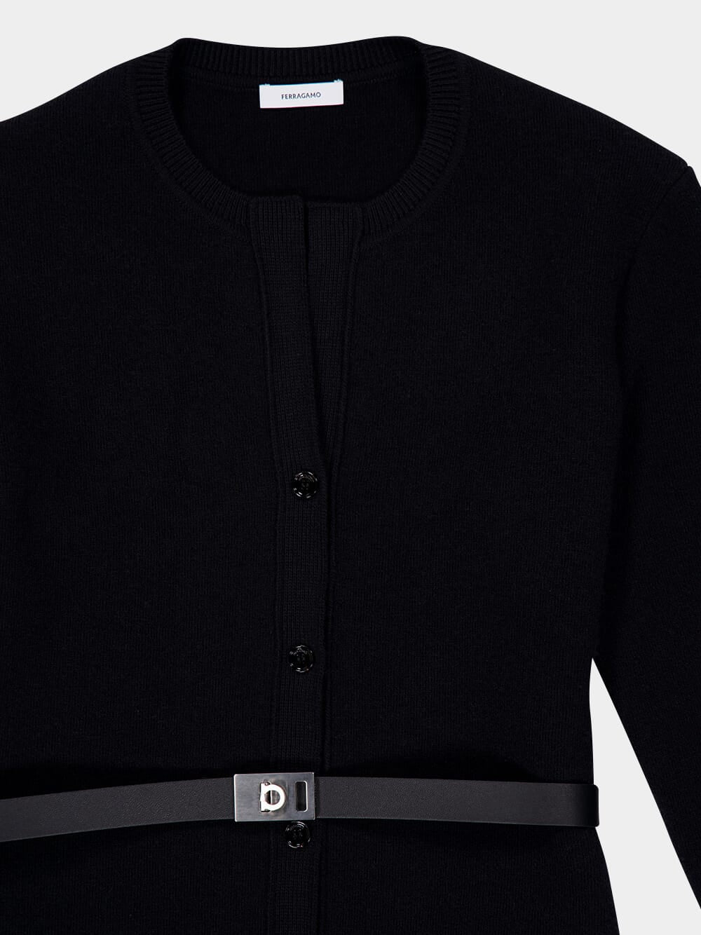 Black Wool Cardigan with Leather Belt