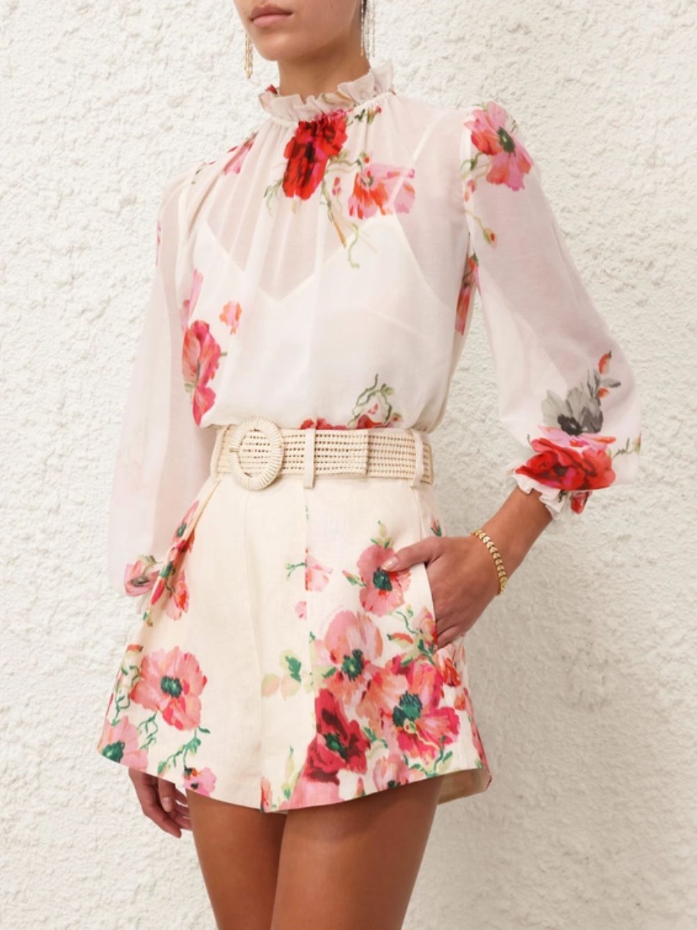 Cream Floral Ruffled Neckline Blouse