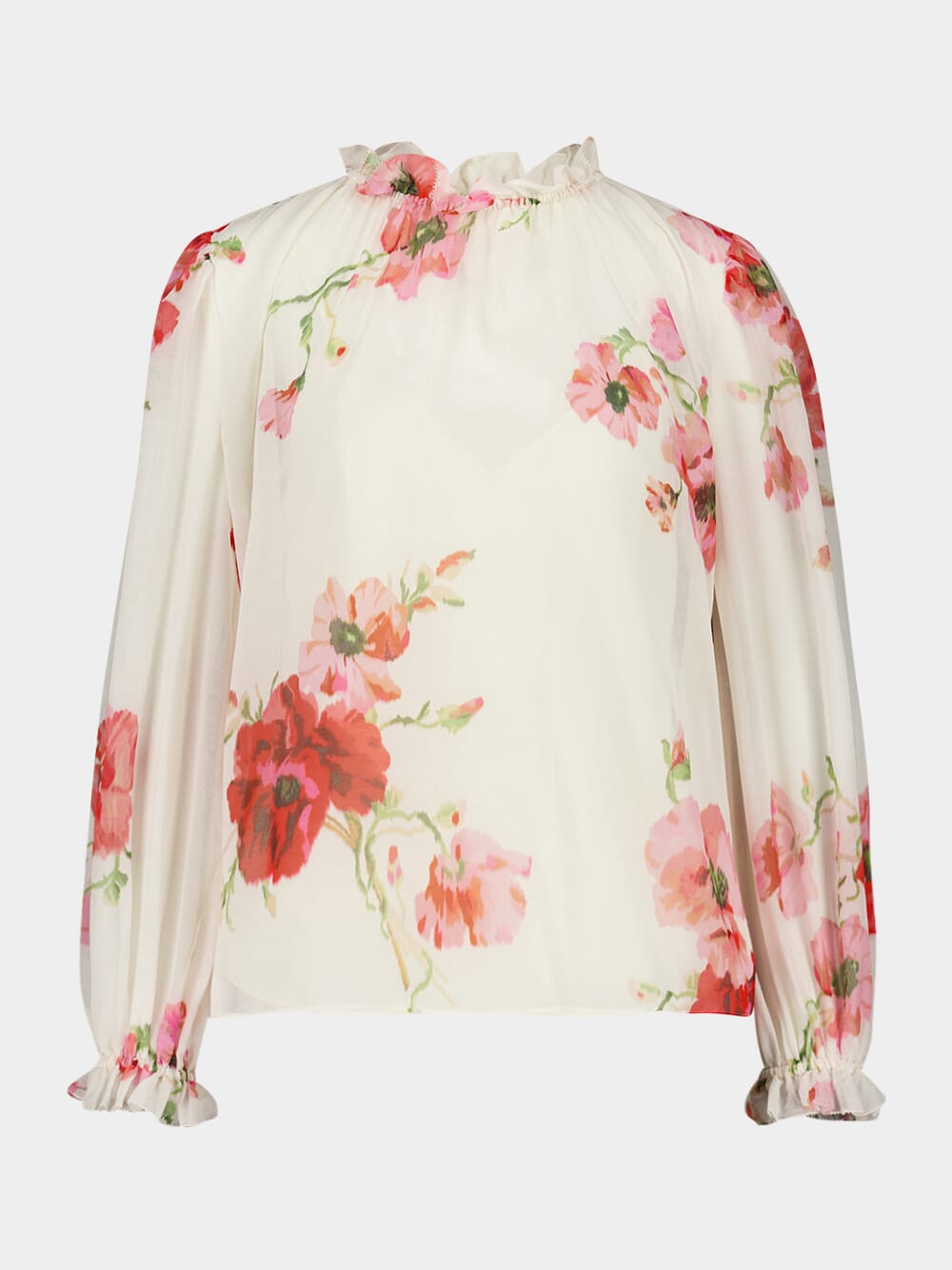 Cream Floral Ruffled Neckline Blouse