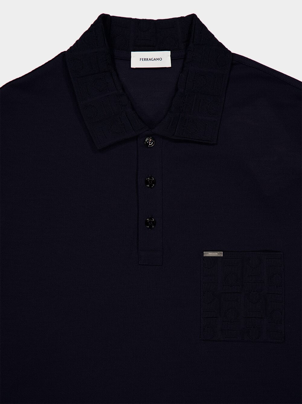 Navy Blue V-Neck Polo with Jacquard Detail