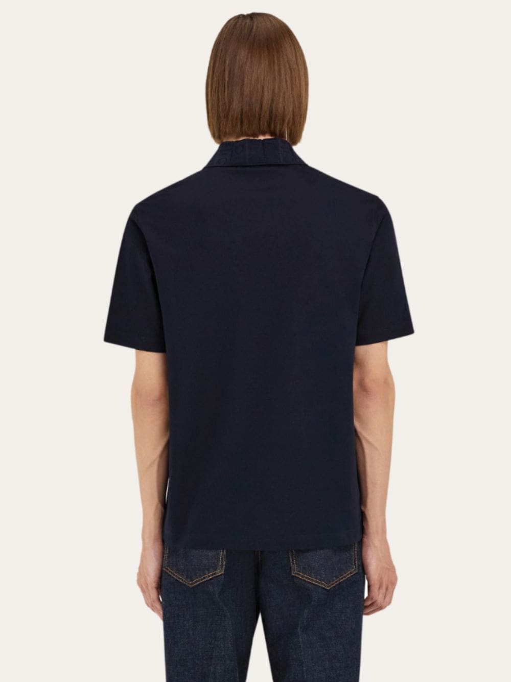 Navy Blue V-Neck Polo with Jacquard Detail