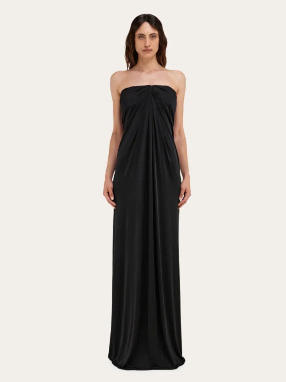 Black Gathered Strapless Long Dress