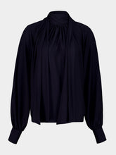 Ferragamo Navy Blue Gathered Top with Shoulder Slit Detail