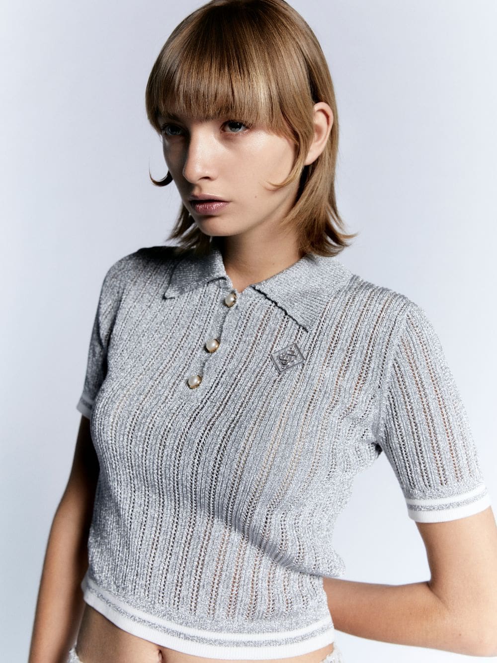 Silver Knitted Short-Sleeve Polo Shirt