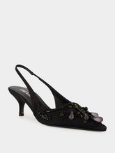 Prada Black Embroidered Satin Slingback Pumps