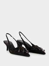Prada Black Embroidered Satin Slingback Pumps
