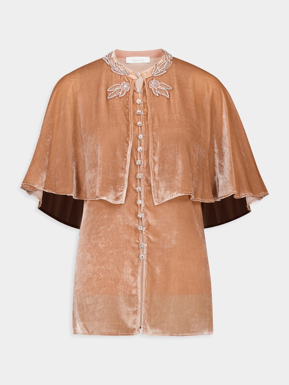 Camel Velvet Top with Crystal Buttons and Floral Embroidery