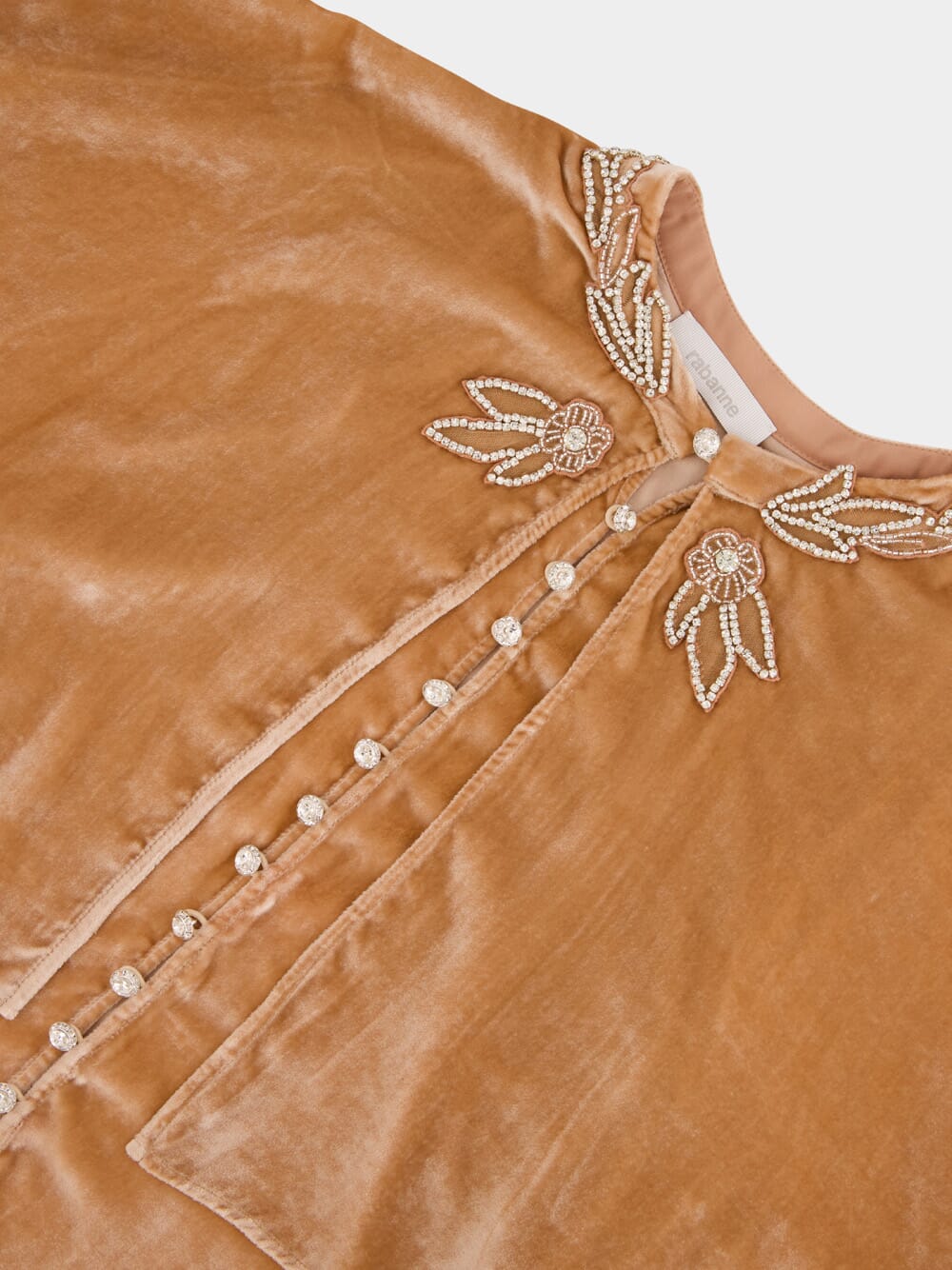 Camel Velvet Top with Crystal Buttons and Floral Embroidery